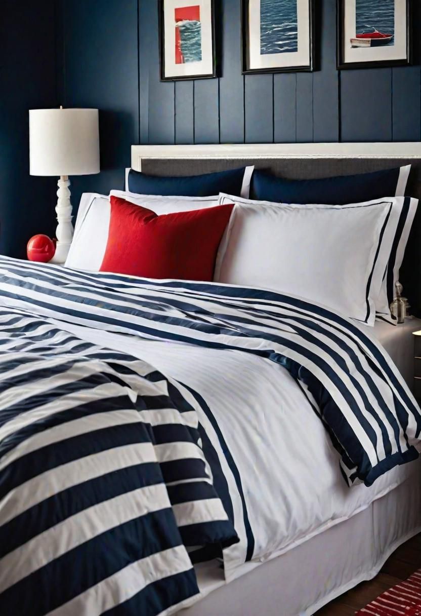 43 Relaxing Coastal Bedrooms for Breezy Retreats 26 24. Nautical Bedding with Red Accents-0