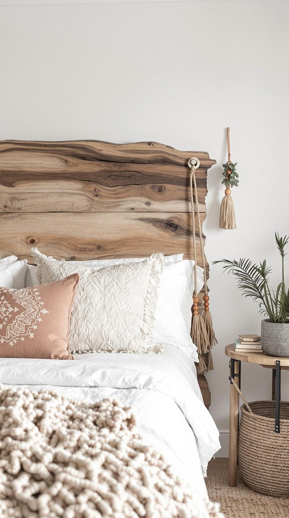 21 Stunning Western Boho Bedroom Ideas To Inspire You 10 3. Create a balance with natural textures using raw wooden headboards paired with leather tassel accents-1
