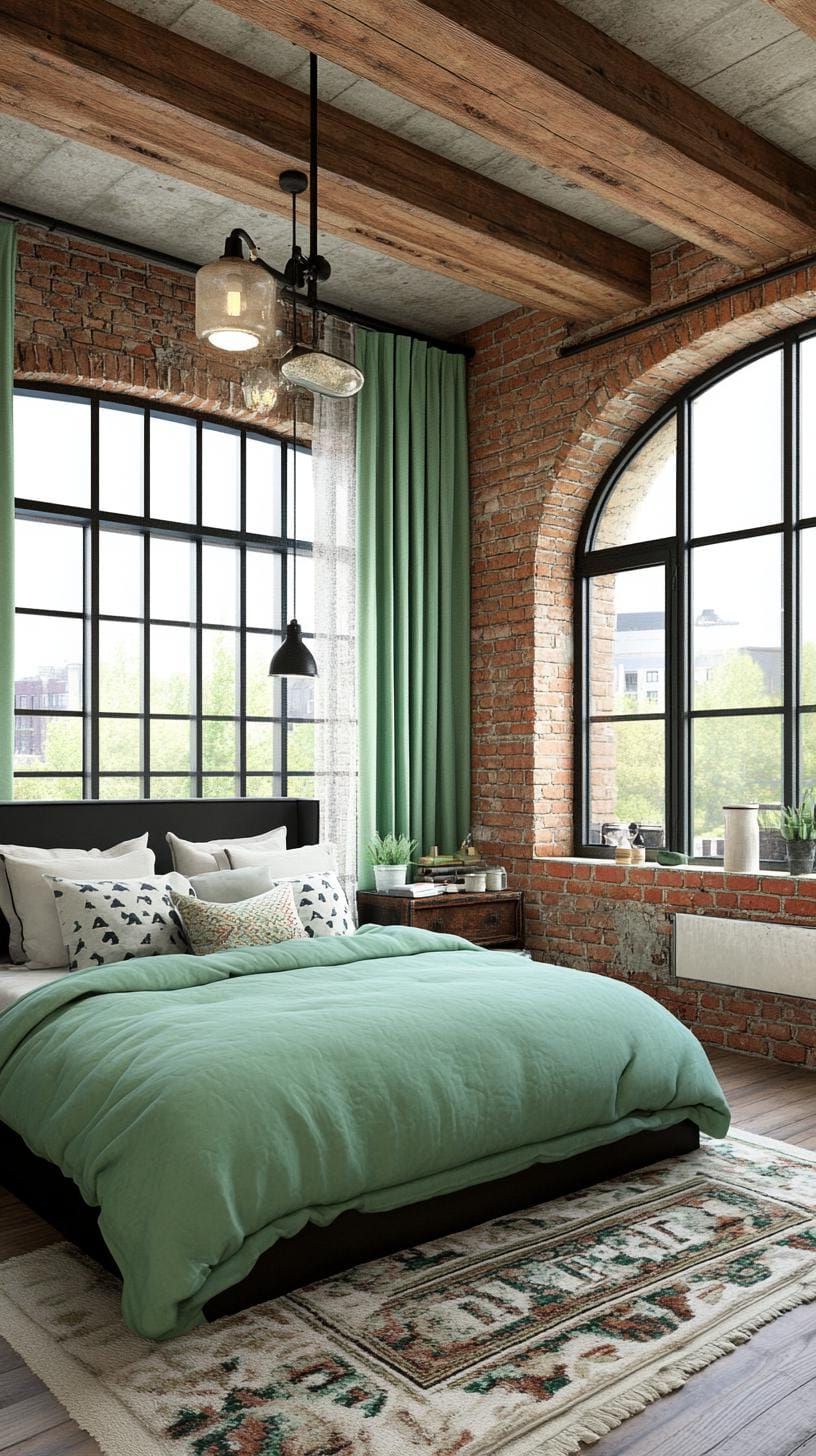 25 Trendy Sage Green Bedroom Ideas For 2025 24 8. Industrial chic space featuring sage green accents and distressed metal detailing-0