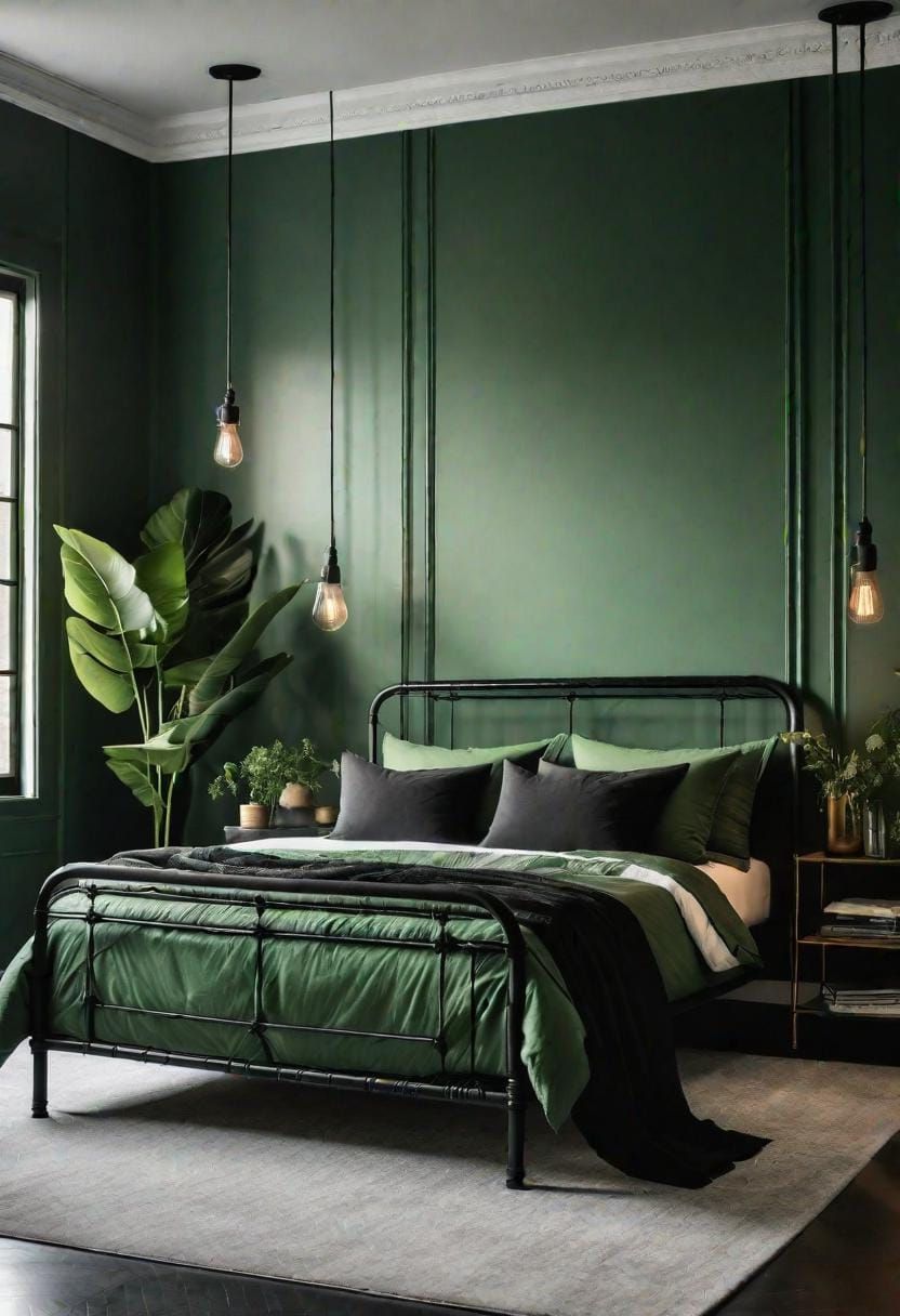 20 Elegant Green and Black Bedroom Ideas You Must See 23 7. Earth Meets Metal: Introduce black wrought-iron bed frames contrasted with natural green bedding tones-2