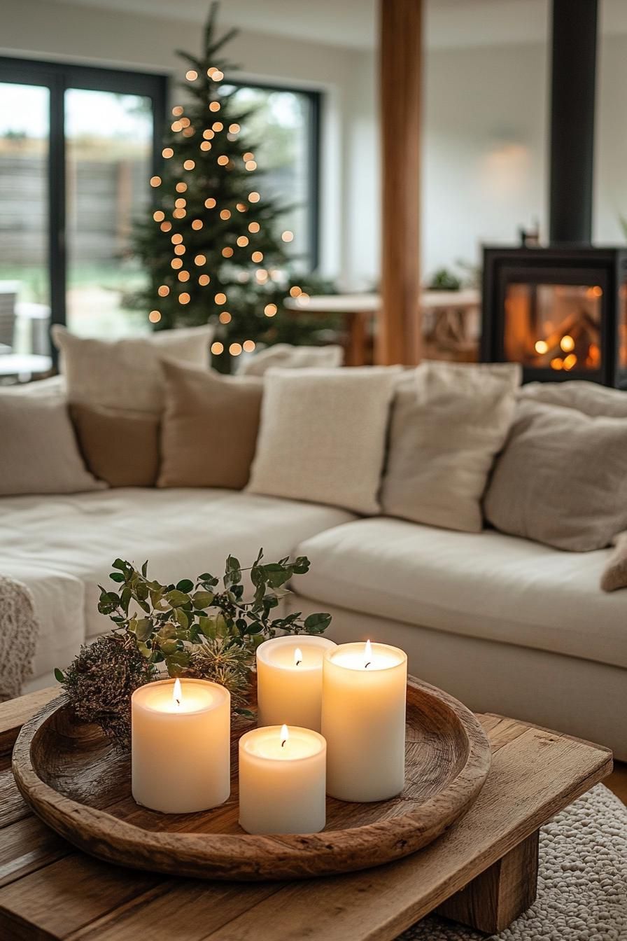 20 Minimalist Christmas Decor Ideas You’ll Love in 2025 11 4. Cozy Candle Clusters on Wooden Trays-0