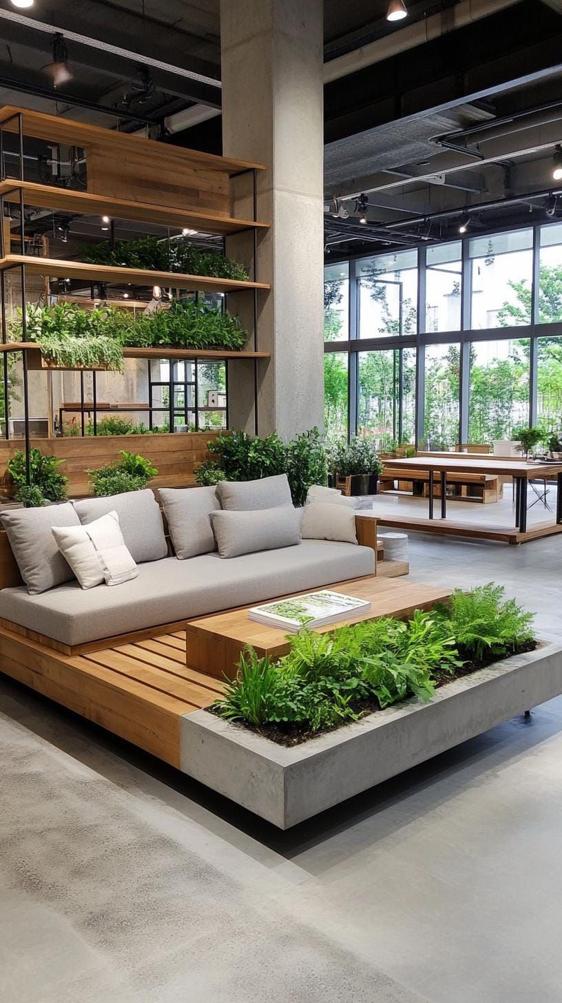 21 Best Industrial Farmhouse Living Room Ideas to Inspire 43 14. Integrate natural greenery amidst a setup of concrete planters and rusty metal shelves, enveloped in soft moody lighting-1