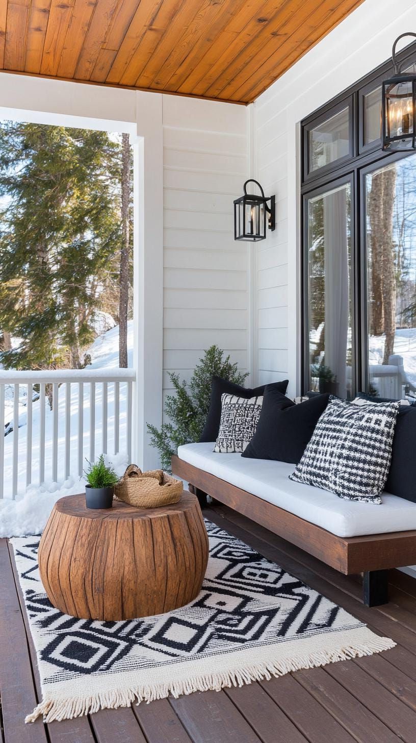 15 Gorgeous Winter Porch Decor Ideas to Spark Your Creativity 28 9. Minimalist Black and White Geometric Floor Pillows-2