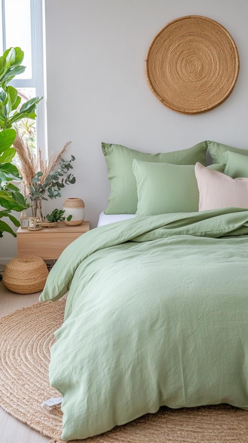 7. Soft Minimalism: Focus on clean lines with sage green bedding and minimalistic wooden furnishings-0