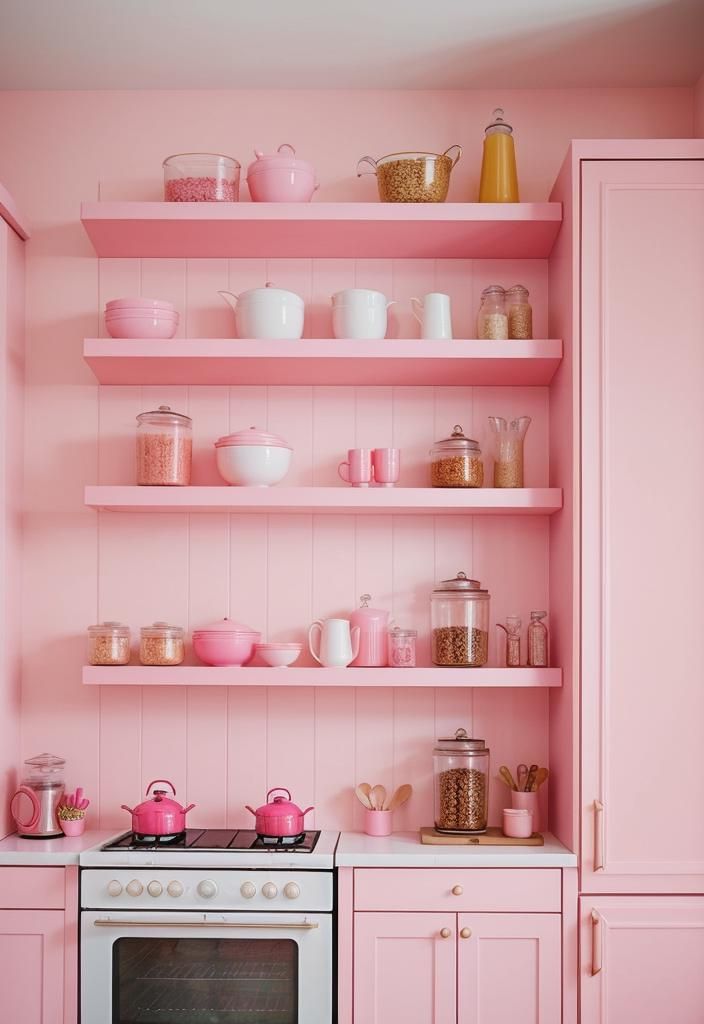35 Charming Pink Kitchen Ideas: a Feminine Flair in Your Cooking Space 44 35. Pastel Pink Floating Shelves-0