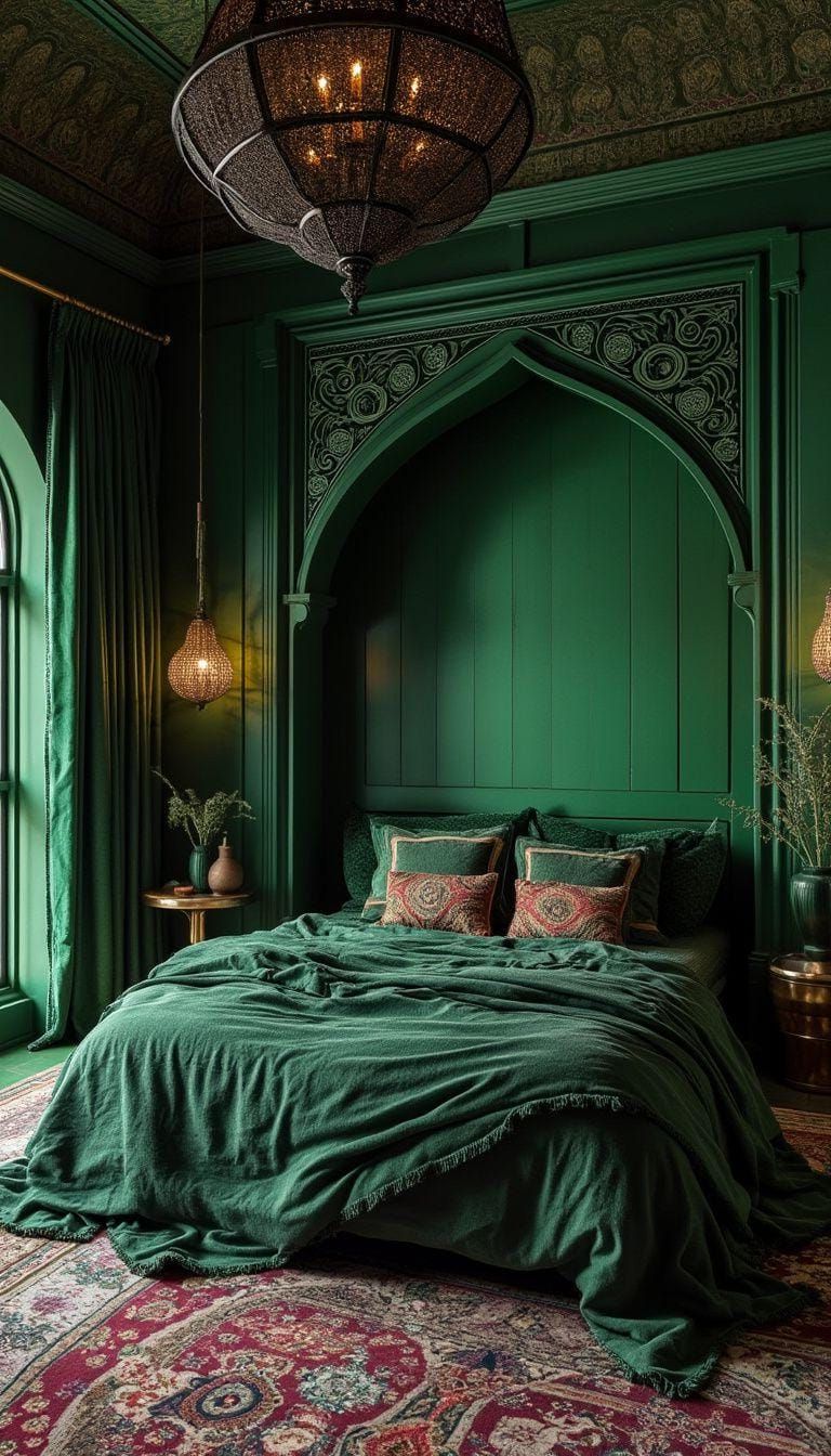 20 Moody Green Bedroom Ideas for a Cozy Retreat 50 16. Moroccan Mystique: Use dark, rich greens with intricate patterns and textures for an exotic, mystical feel-0