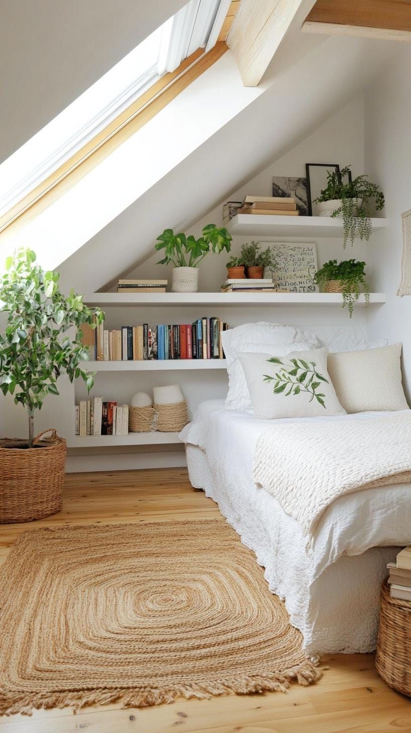 15 Genius Small Attic Bedroom Ideas To Maximize Space 33 11. Angled Bookcase along Sloped Ceiling: Maximize odd corners with custom angled shelving-1
