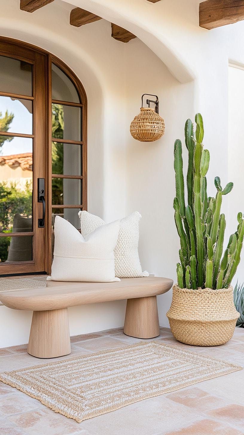 25 Beautiful Front Porch Ideas to Elevate Your Home Style 20 7. Minimalist oasis: Choose simple lines with neutral tones, placing a singular stylish bench amid potted cacti-0