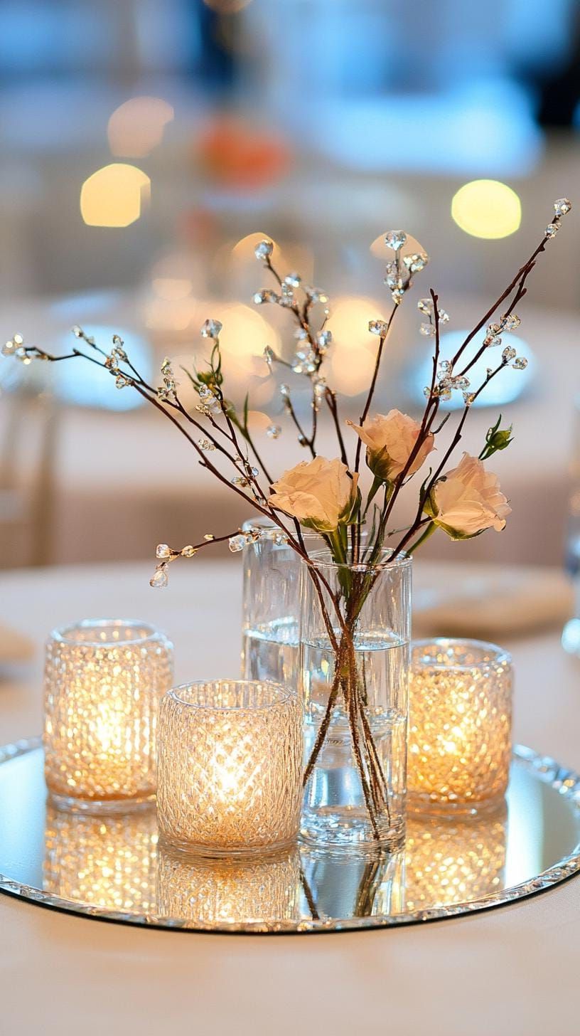 15 Stunning Winter Centerpieces to Transform Your Table 14 4. Frozen Lake Scene: Arrange mirrored trays with glittering crystal vases of bare branches, simulating a frozen over lake with scattered faux ice shards-1