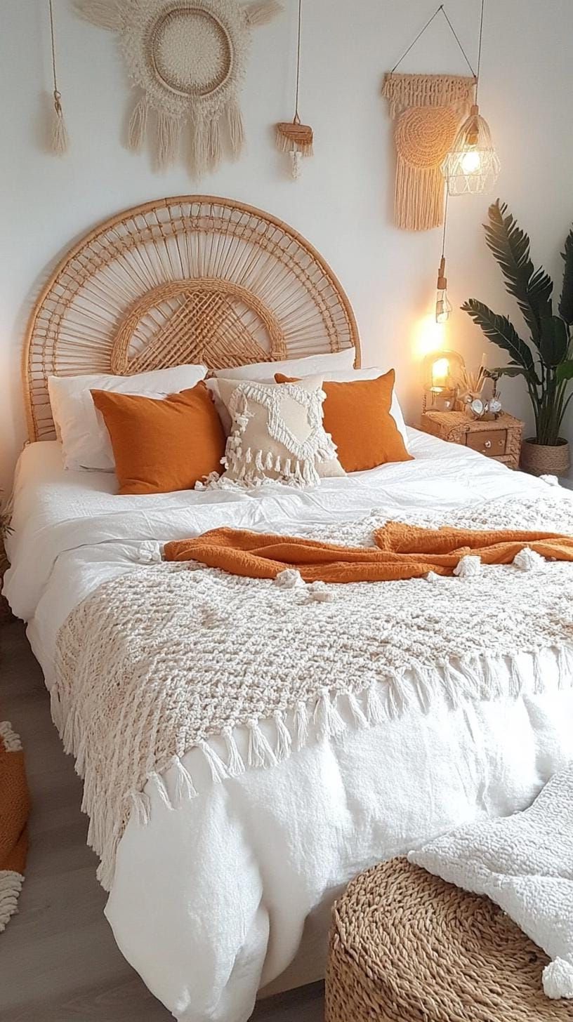 17. Decorative Wicker Headboards with Neutral Bedding-1