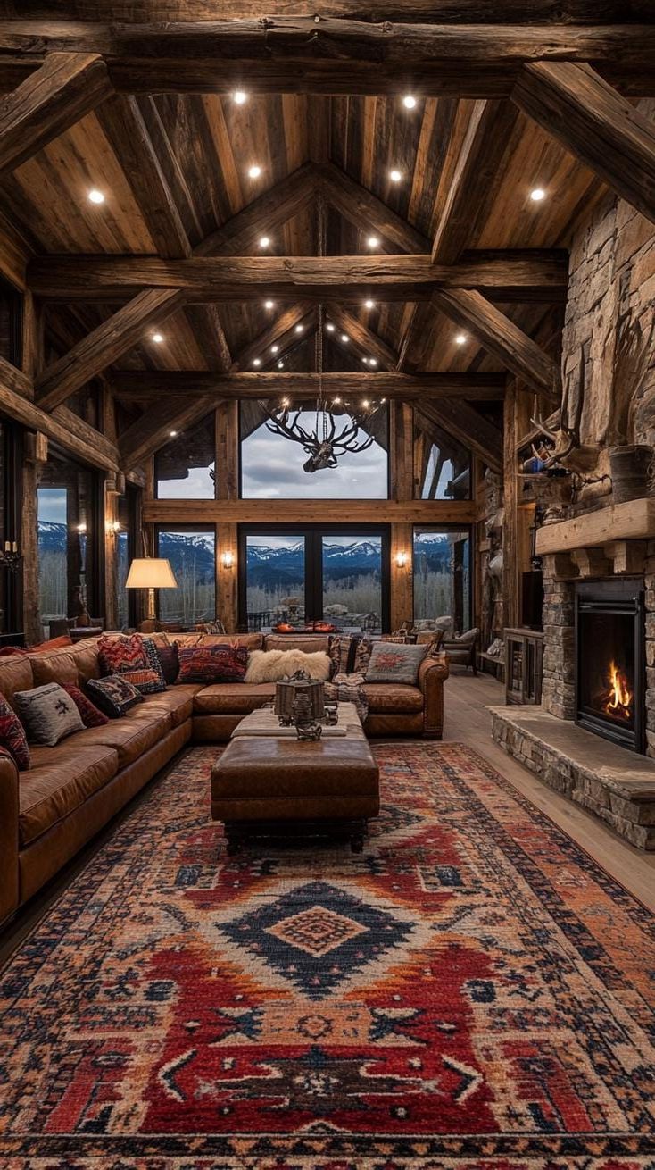 25 Chic Ranch House Decor Ideas for Modern Rustic Living 4 1. Rustic living room with Navajo-inspired patterned rugs and cozy sofas-1