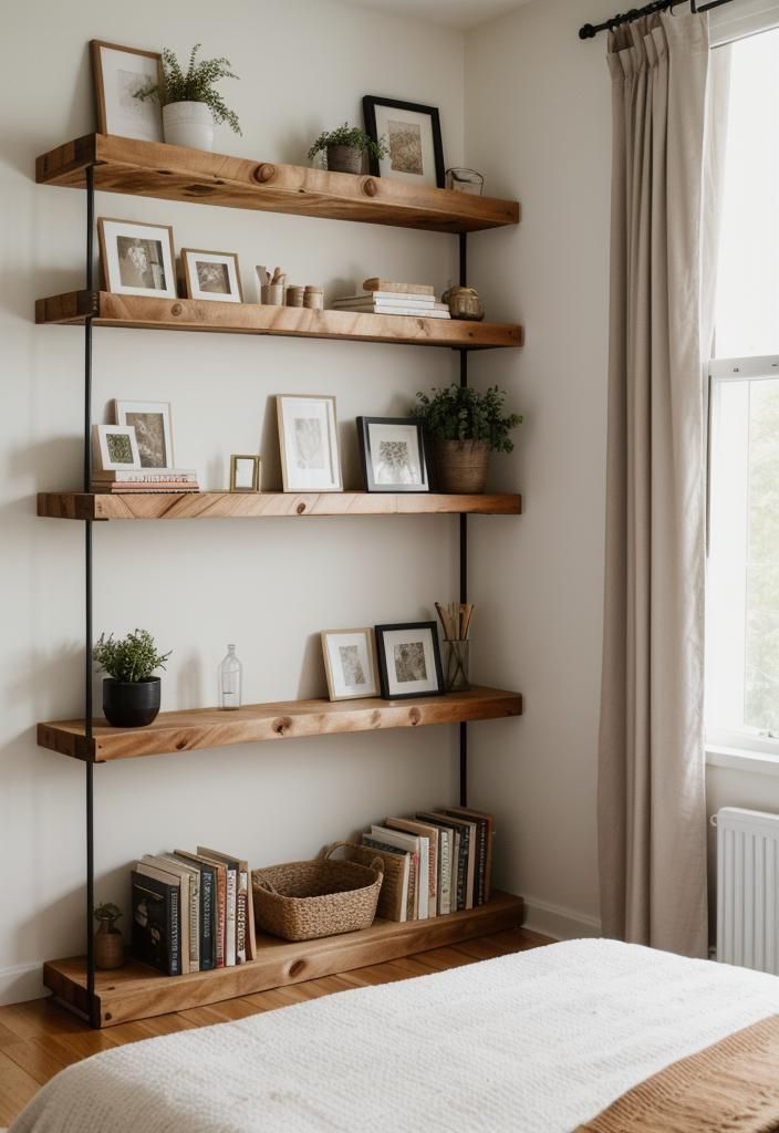 36 Earthy Bedroom Ideas for a Serene Space 56 31. Natural Wood Shelving DIY-1
