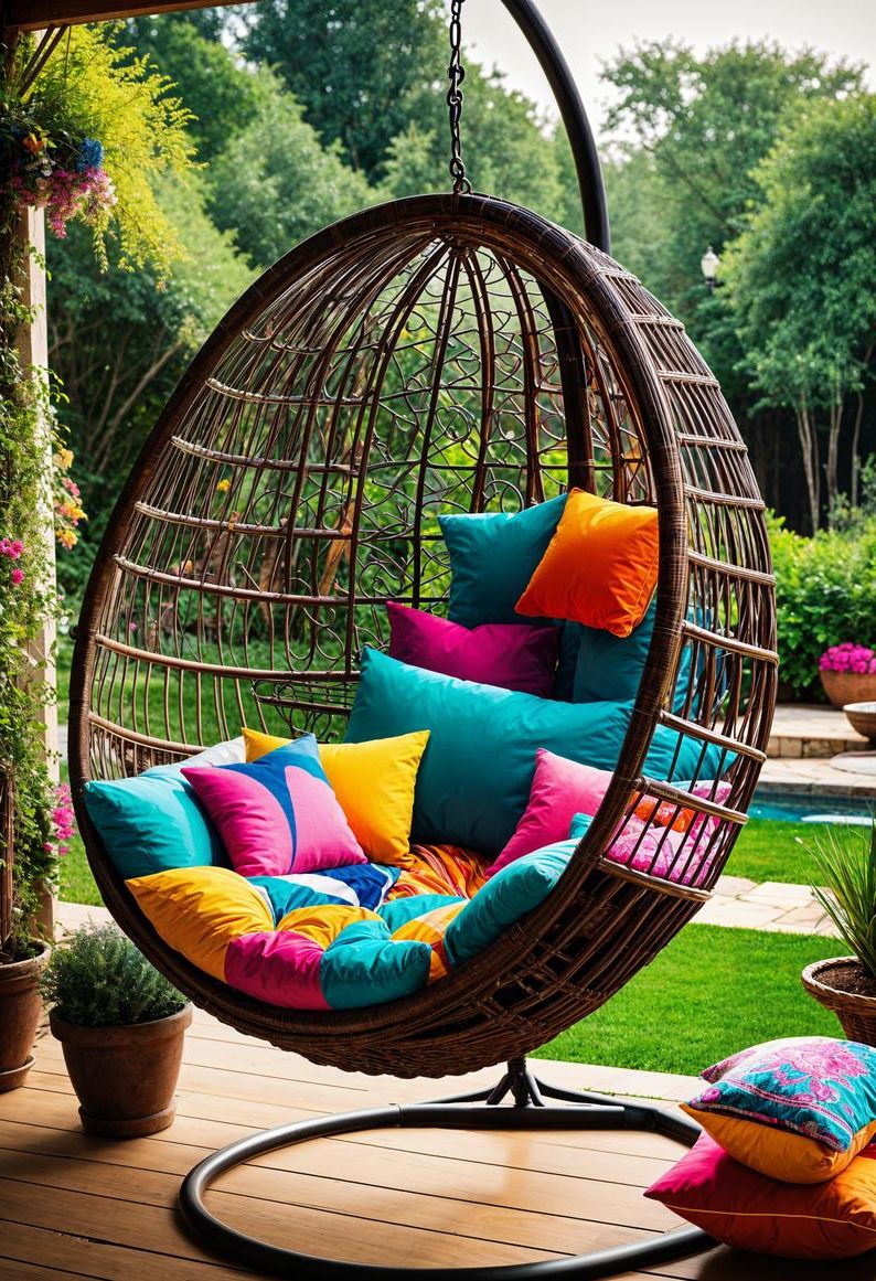 15 Chic Boho Patio Ideas You’ll Love 11 4. Colorful Boho Patio Egg Chair-1