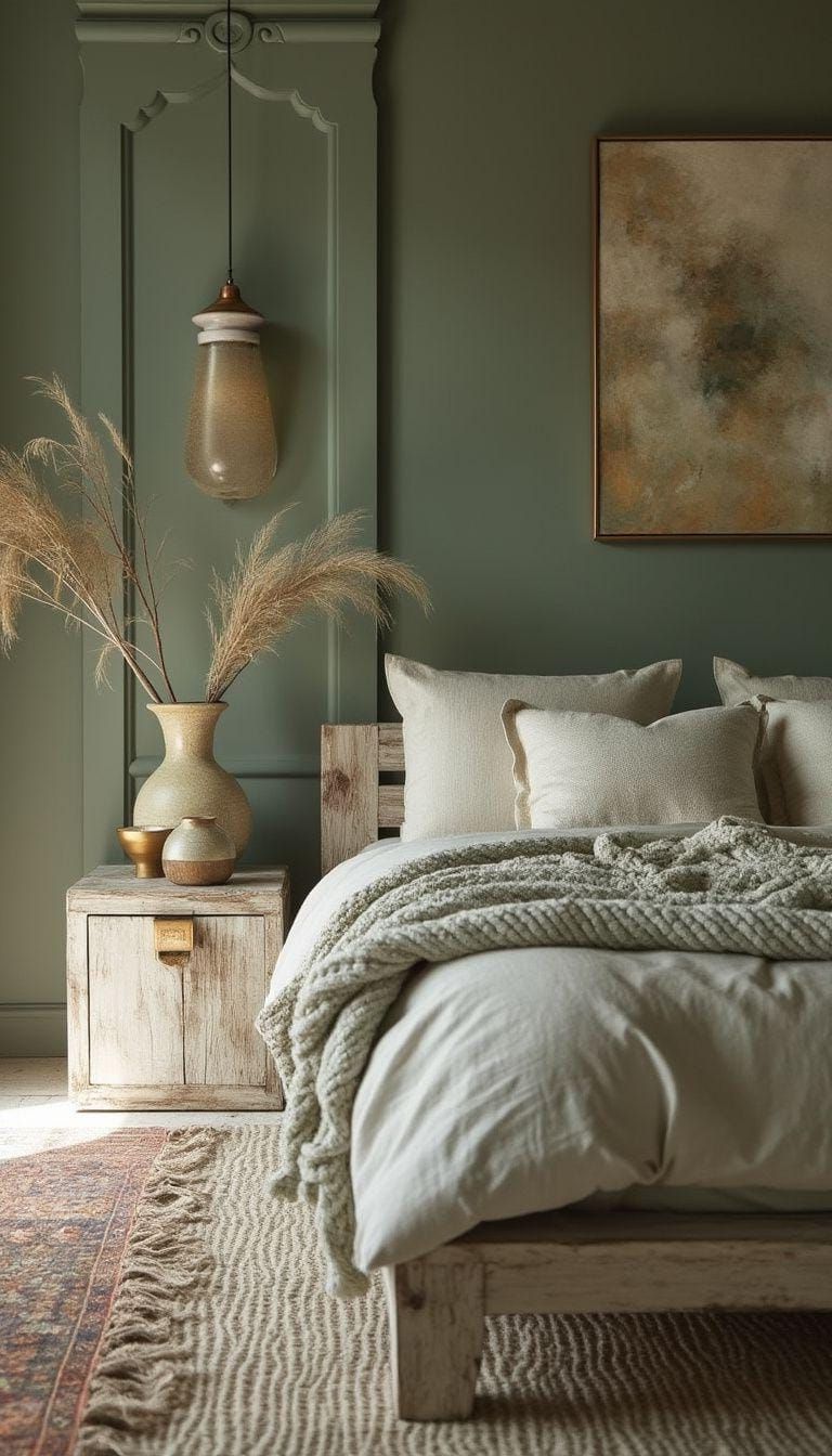 9. Rustic Luxe: Pair sage walls with rustic whitewashed wood furniture and golden accents for understated glamour-0