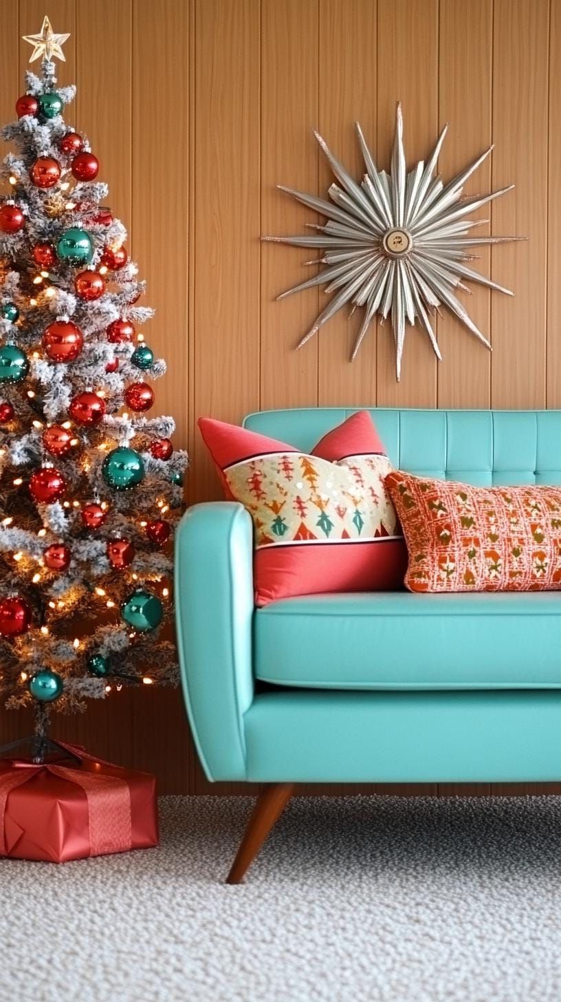 23 Vintage Mid-Century Modern Christmas Ideas to Inspire You 14 5. Turquoise and pink living room with metallic aluminum tree-1