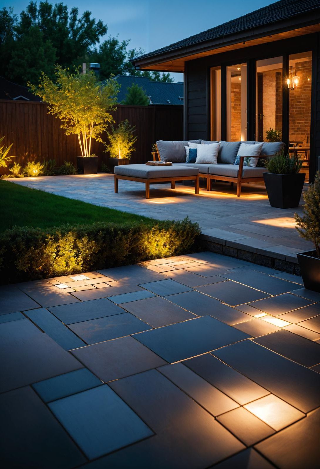 23 Gorgeous Paver Patio Ideas You Must See 48 17. Evening Ambiance with Inlaid Lights-1