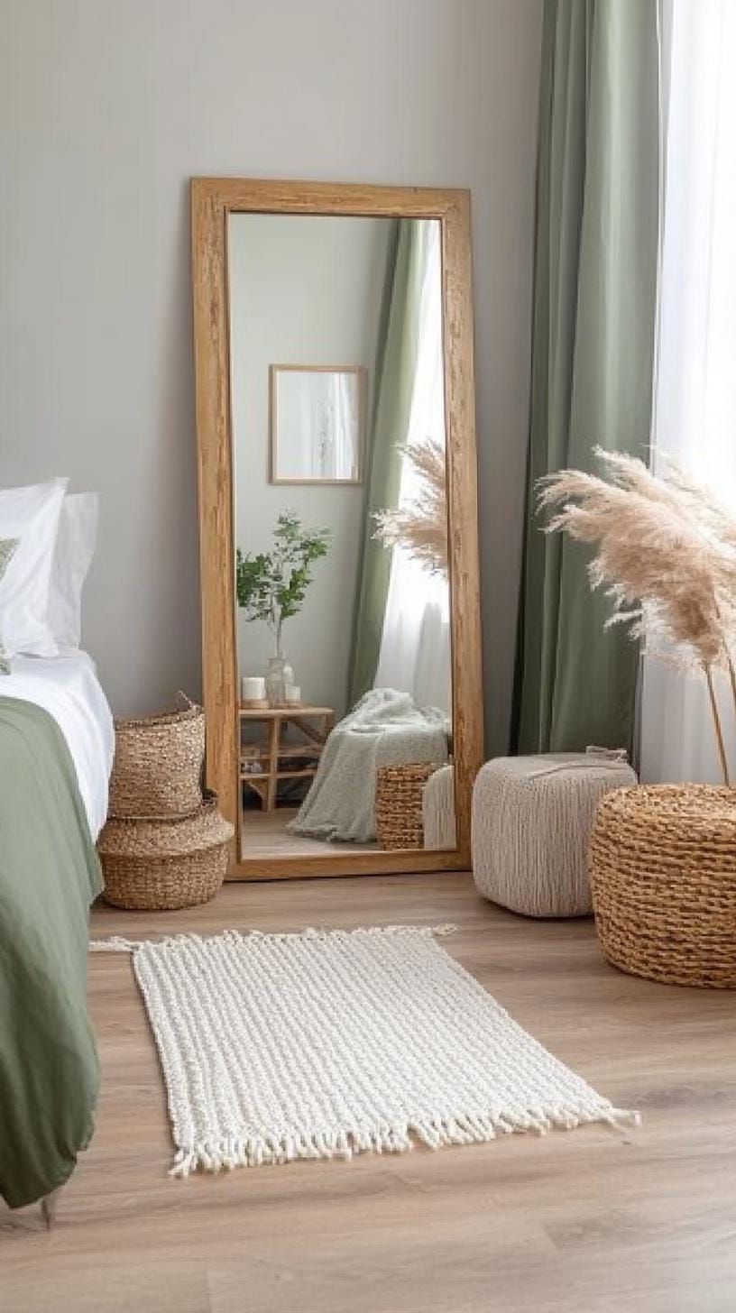 14. Mixed Materials: Use a blend of metals, like a gold-framed mirror, with sage-toned elements for contrast and interest-3