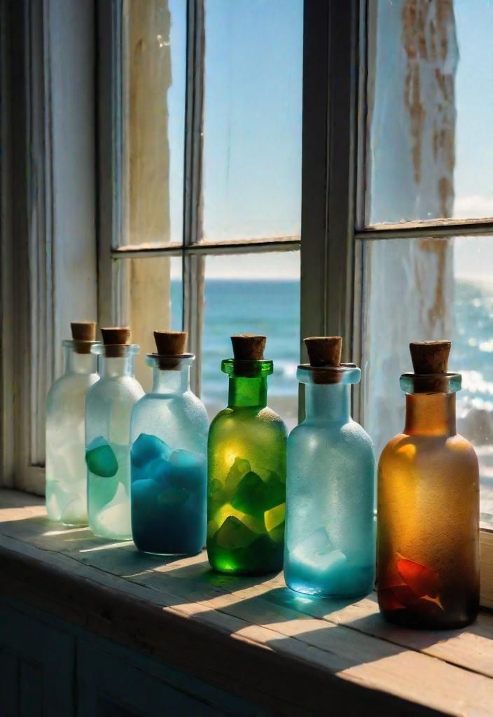43 Inspiring Coastal Living Room Ideas 30 28. Sea glass bottle window display-0