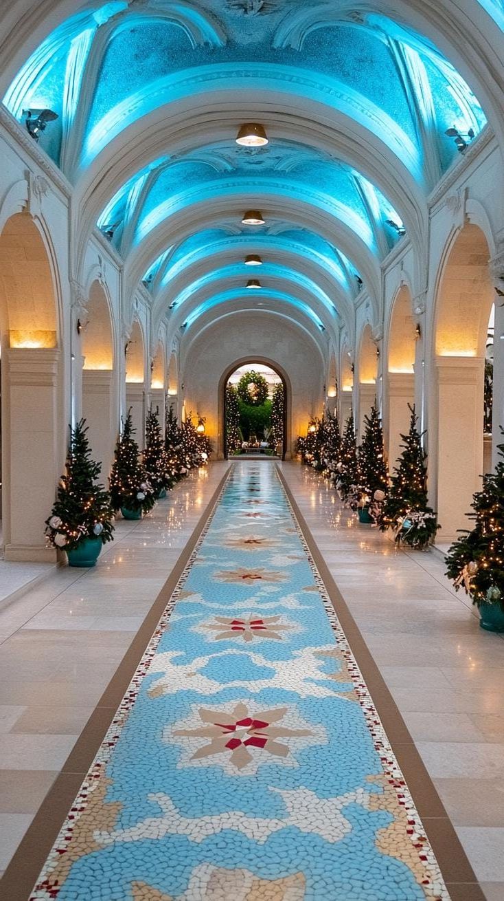 20 Unique Christmas Hallway Decoration Ideas 9 3. Icy blue hallway lighting with geometric pattern runner-1