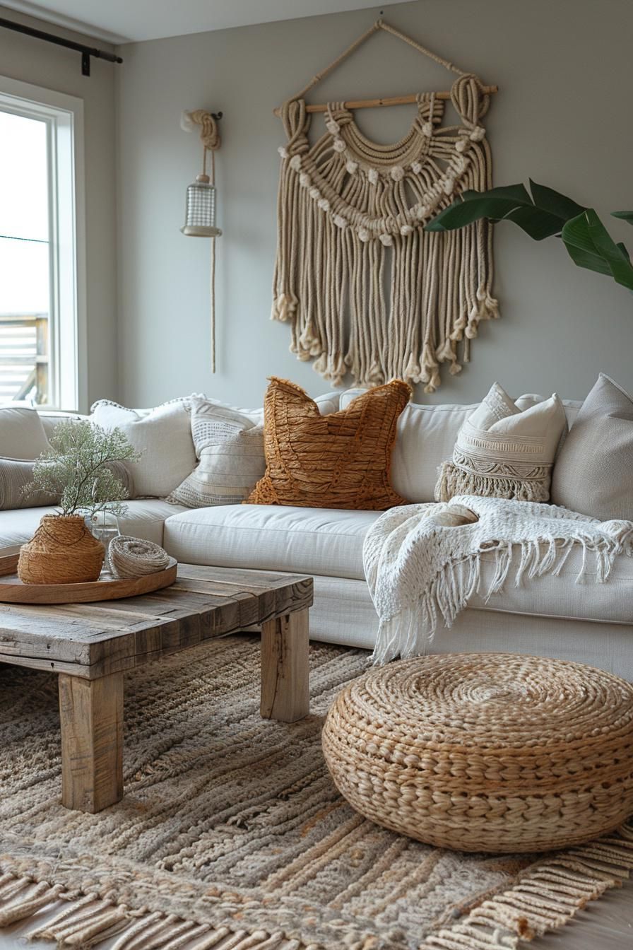15 Chic Neutral Coastal Living Room Ideas You Will Love 35 15. Boho Macrame Wall Decor-0