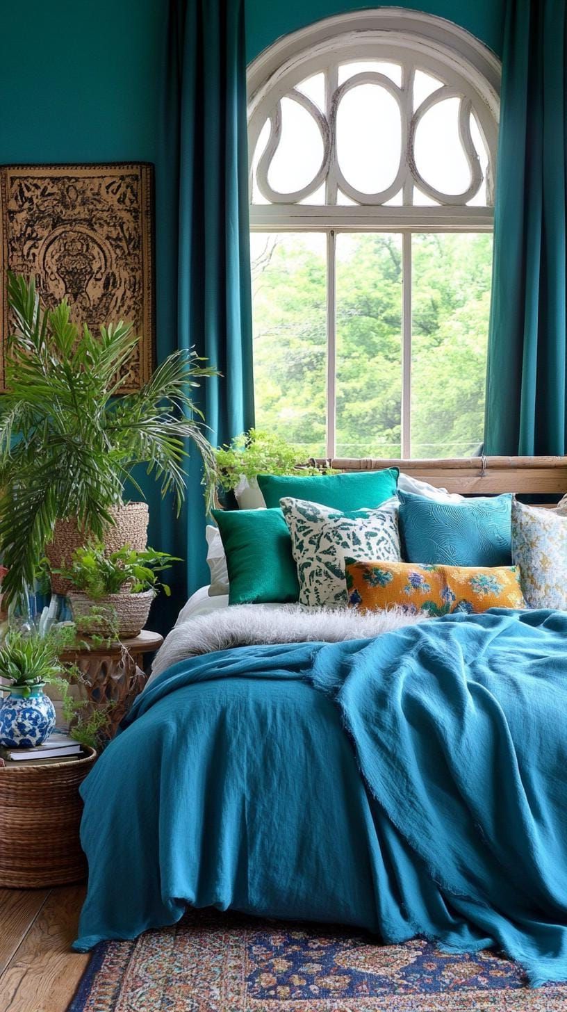 21 Best Blue Boho Bedroom Ideas To Inspire You 53 16. Peacock Palette: Pair peacock feather colors with emerald green plants and hand-painted ceramics-1
