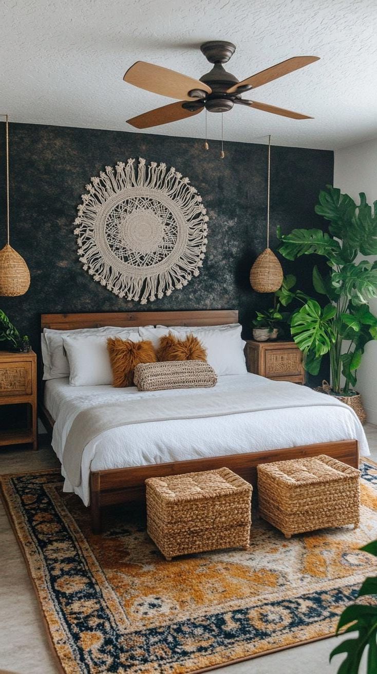 5. Black accent wall with macramé hangings and lush greenery-0