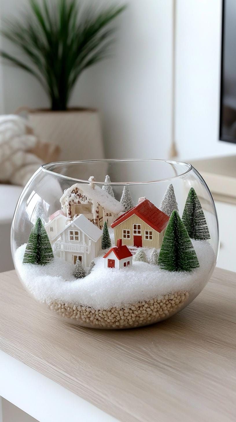 19 Simple Christmas Decor Ideas for Small Bathrooms 32 17. Fake snow in glass bowl with tiny Christmas houses-0