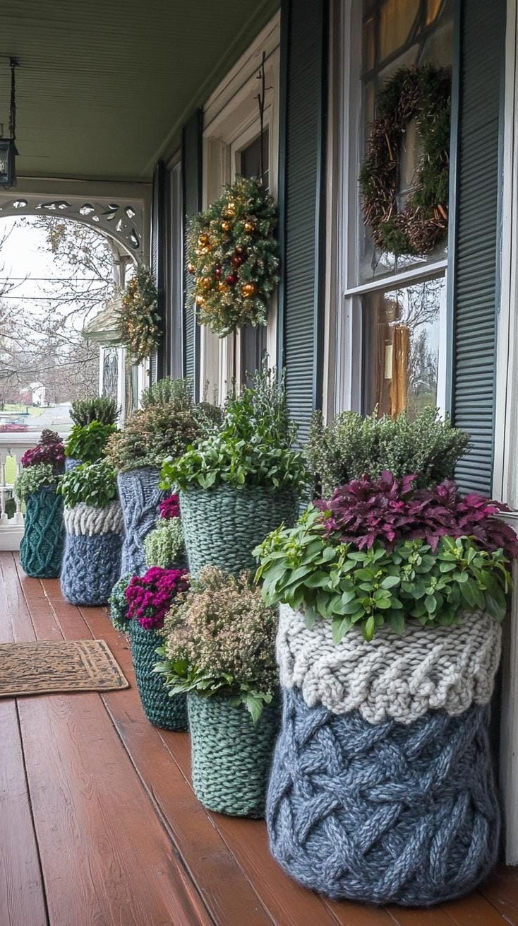 15 Gorgeous Winter Porch Decor Ideas to Spark Your Creativity 19 6. Recycled Wool Sweater Planters with Winter Greens-1