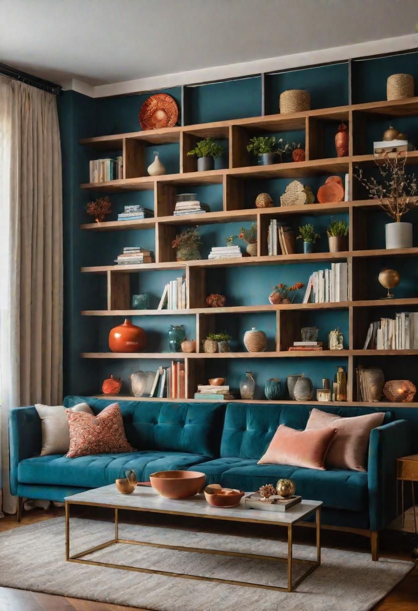 21 Elegant Built-In Shelves Ideas for the Living Room 32 21. Seasonal Fabric Backdrop Shelving Units-1