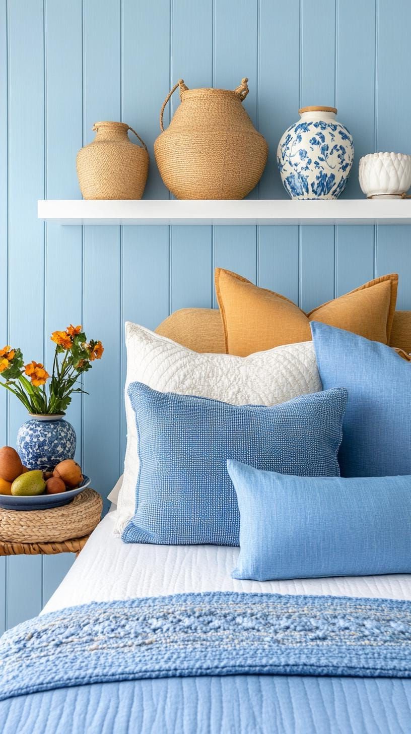 21 Best Blue Boho Bedroom Ideas To Inspire You 38 11. Sky Blue Zen: Balance sky blue soft furnishings with floating white shelves and potpourri bowls-2