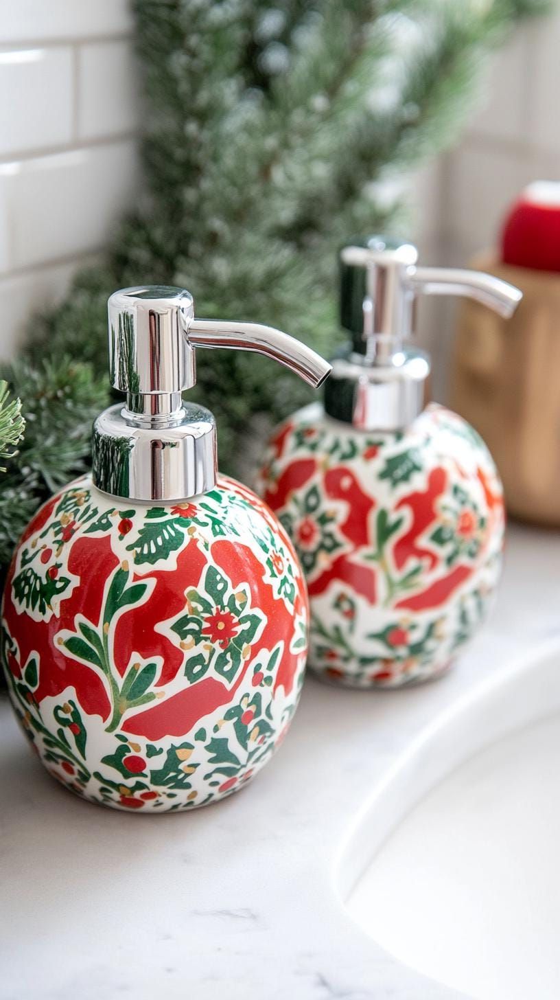 19 Simple Christmas Decor Ideas for Small Bathrooms 15 9. Festive soap dispensers with red and green patterns-1