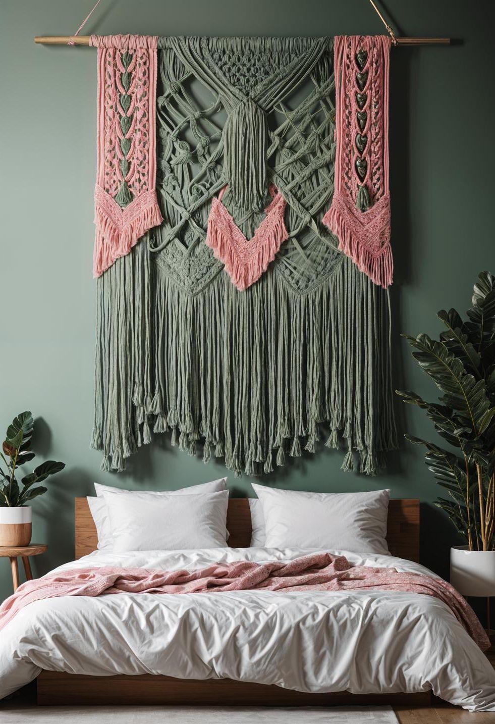 31 Chic Sage Green and Pink Bedroom Inspirations 22 13. Sage & Pink Macrame Wall Hangings-1