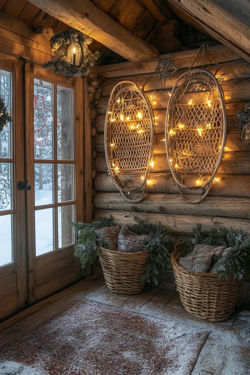 21 Cozy Mountain Lodge Christmas Decor Ideas 9 3. Rustic Snowshoe Wall Decor-0