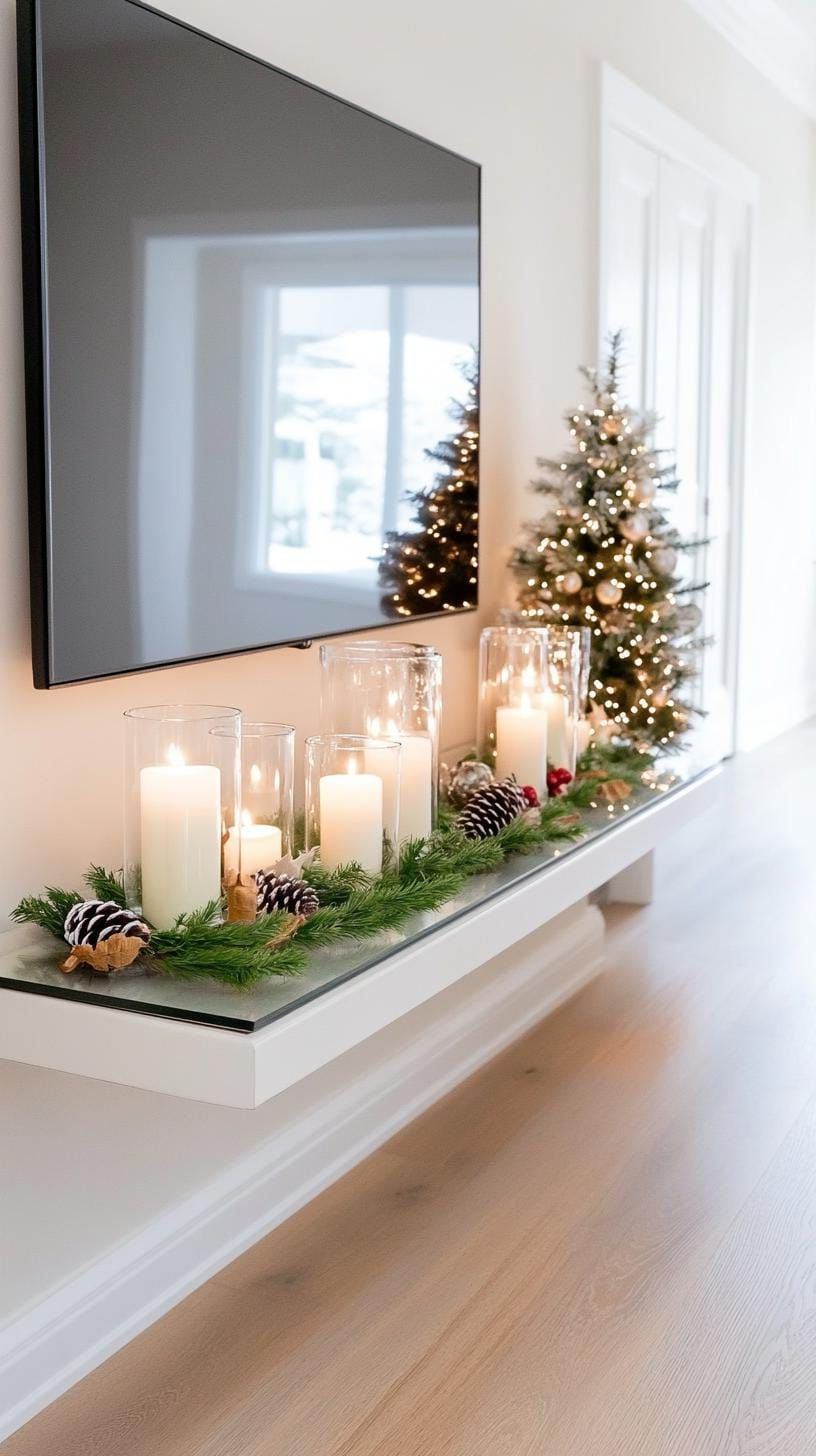 21 Trendy TV Stand Christmas Decor Ideas To Inspire You 16 7. Metallic and glass TV stand with a sleek mirrored backdrop and a floating candle display-1