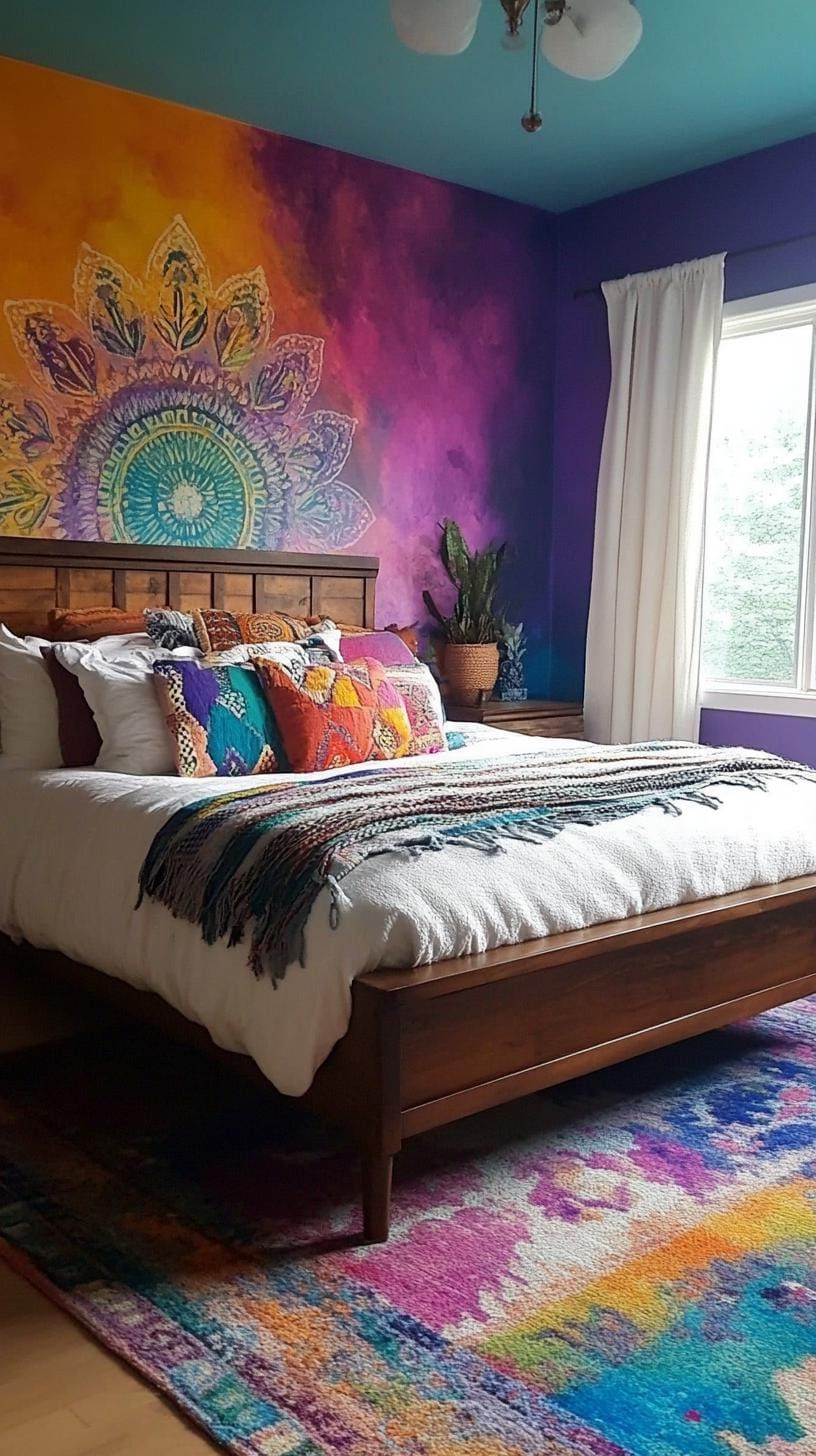 14. Artistic Palette Explosion: Create a mural accent wall featuring a multicolor abstract painting-0