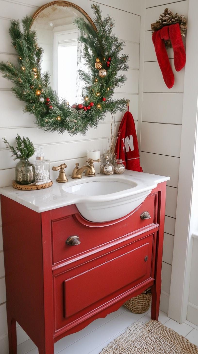 19 Simple Christmas Decor Ideas for Small Bathrooms 24 13. Hanging garland of tiny ornaments above sink-0