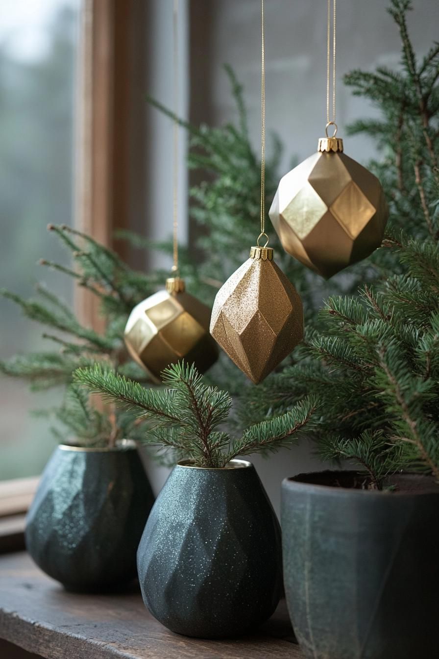 20 Minimalist Christmas Decor Ideas You’ll Love in 2025 48 19. Chic Metallic Geometry on Foliage-1