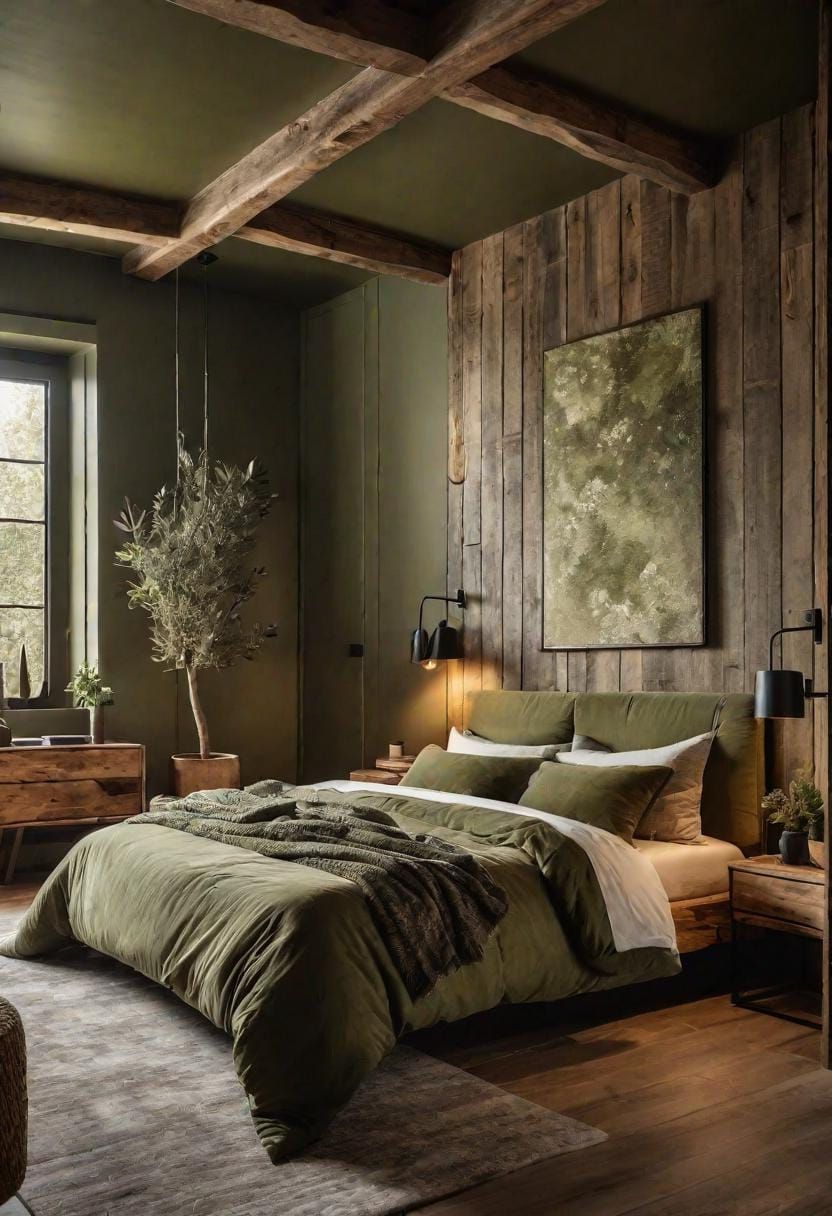 23 Stunning Olive Green Bedroom Ideas You’ll Absolutely Love 4 1. Rustic Olive Green Bedroom with Reclaimed Wood Accents-1