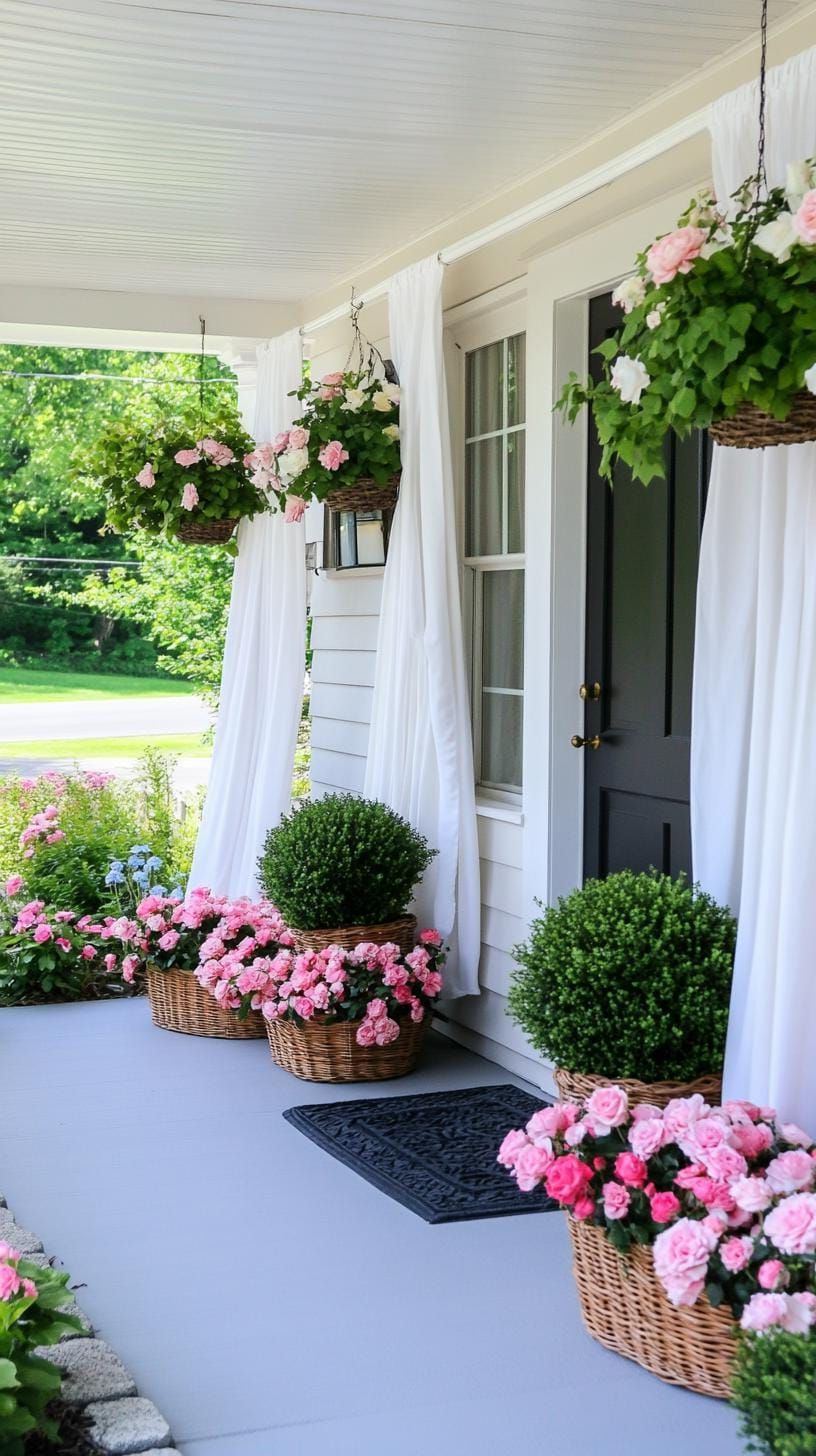 13. Cottage garden using floral drapes, wicker baskets, and rose topiary-1
