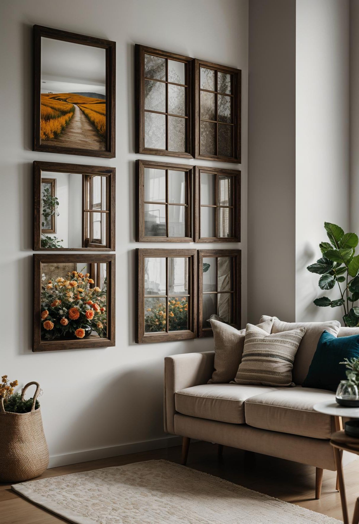 45 Chic & Modern Boho Living Room Ideas To Copy 69 32. Chic Window Frame Picture Display-0