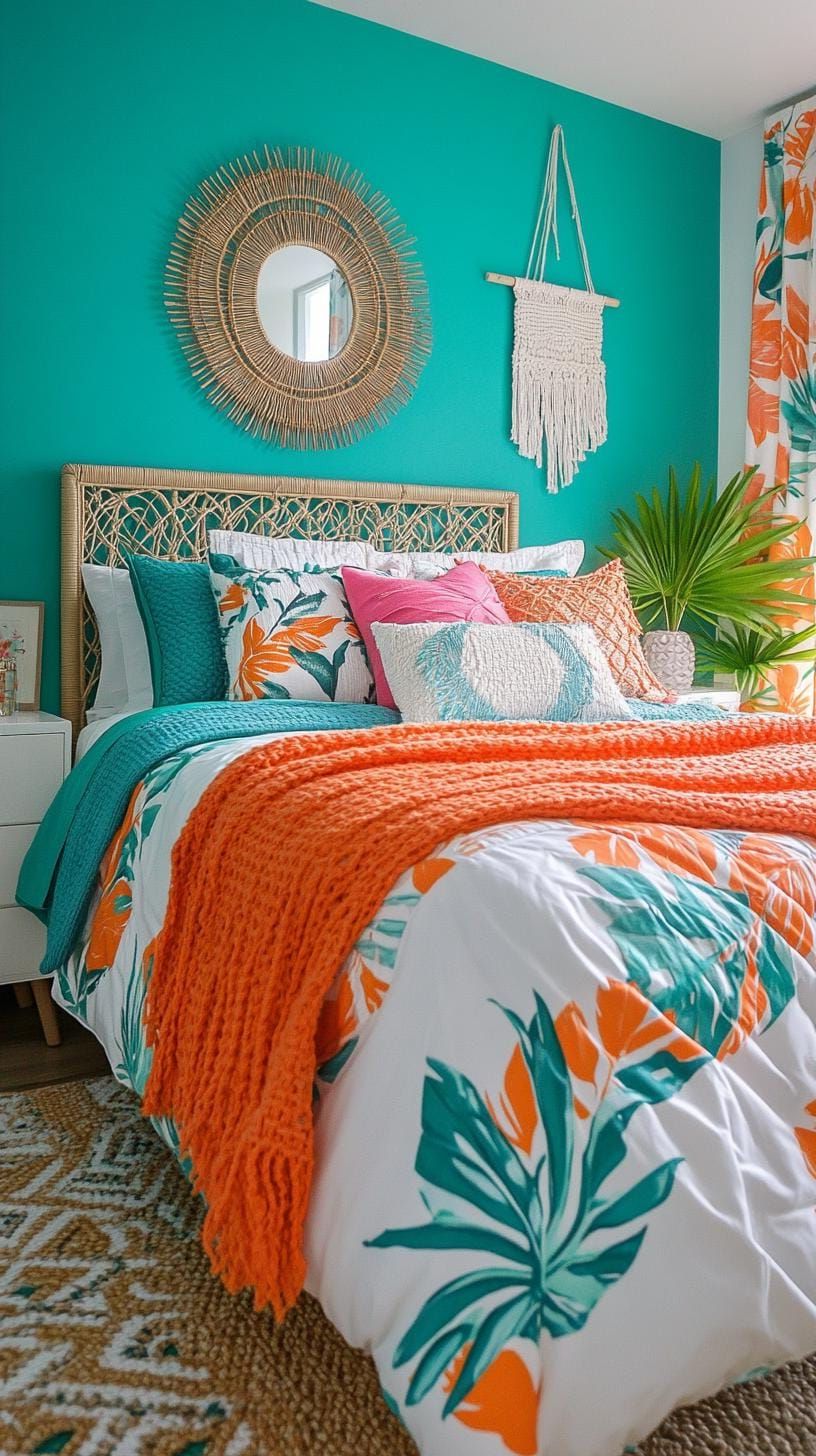 3. Tropical Oasis Retreat: Utilize vibrant orange and teal with tropical leaf patterns and macramé touches-0