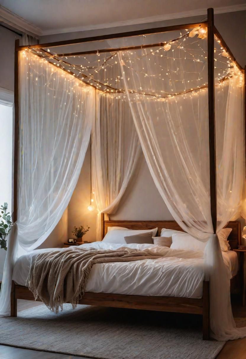 Glow Up Your Bedroom: 33 Chic and Cozy LED Aesthetic Ideas 7 5. Twinkle Lights Bed Canopy-0