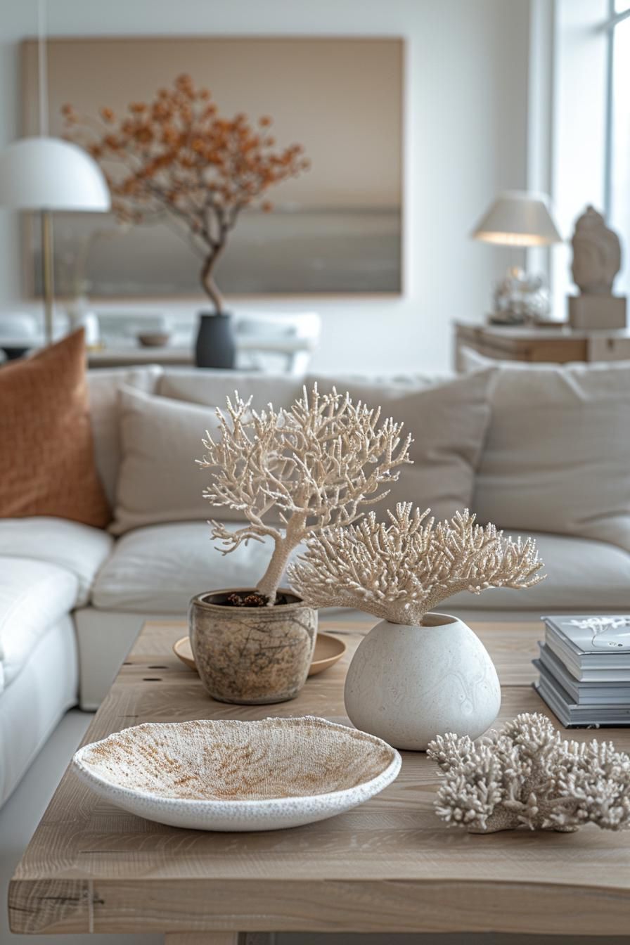 15 Chic Neutral Coastal Living Room Ideas You Will Love 23 10. Seaside Coral Accent Inspiration-0