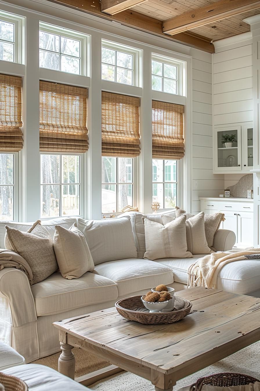 15 Chic Neutral Coastal Living Room Ideas You Will Love 17 7. Coastal Living Bamboo Roman Shades-0