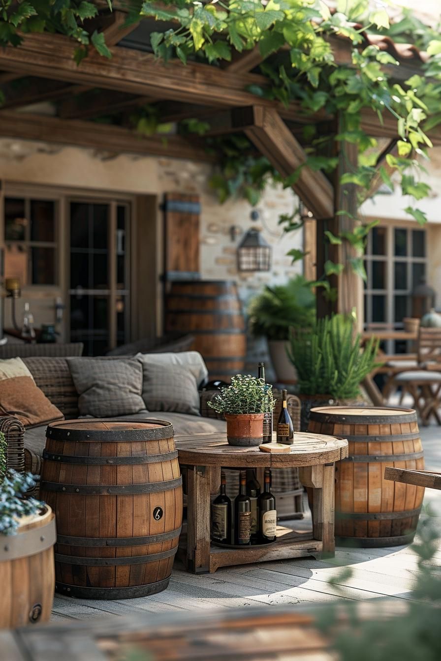 19 Trendy Patio Furniture Ideas for Chic Outdoor Spaces 5 2. Unique Wine Barrel Side Tables-0