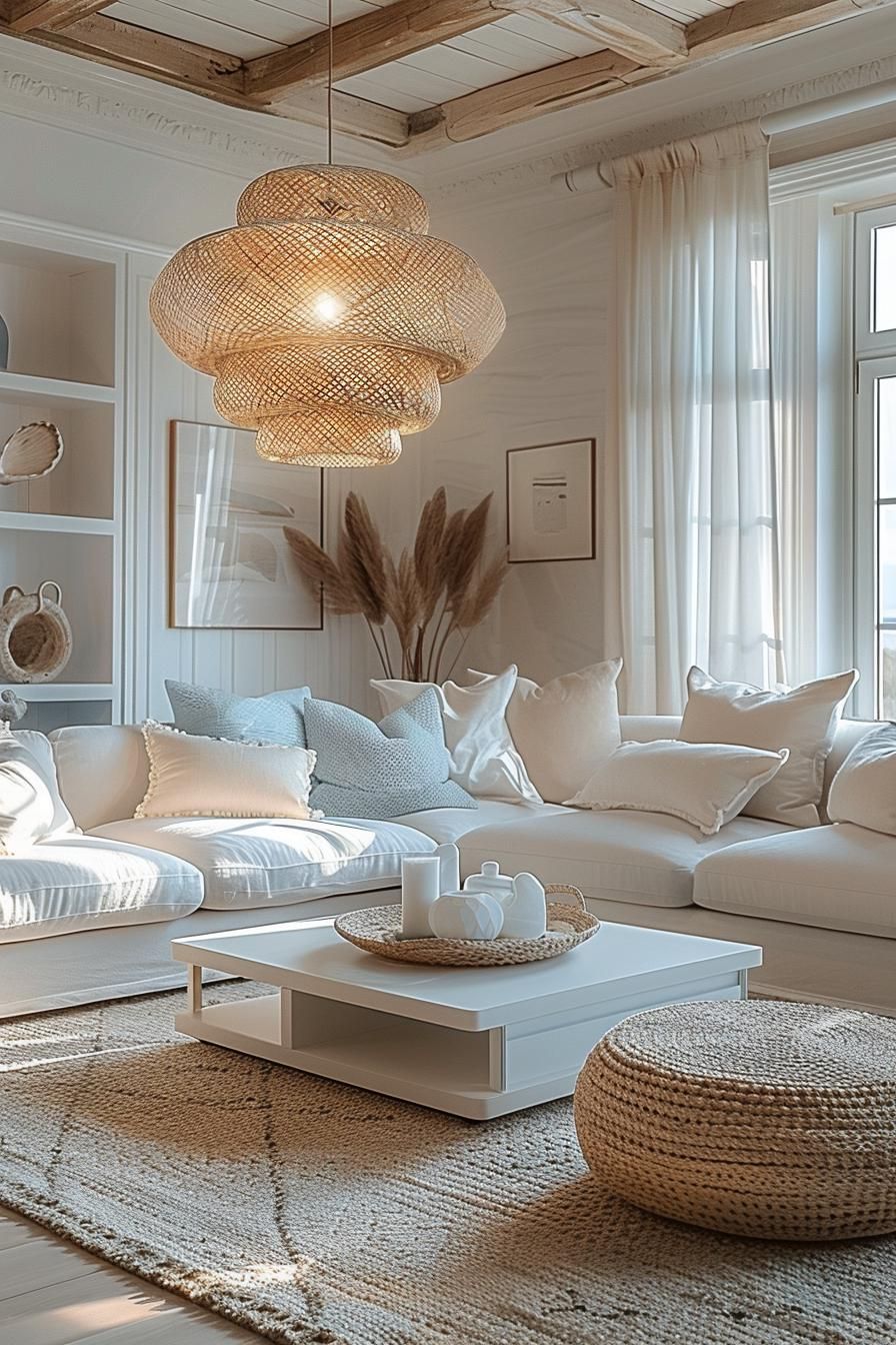 15 Aesthetic Modern Coastal Living Room Ideas 23 8. Seaside-Inspired Chandelier Arrangement-2