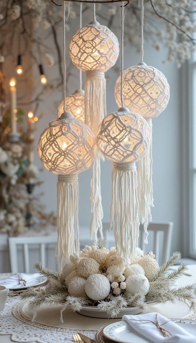 15 Stunning Winter Centerpieces to Transform Your Table 32 11. Bohemian Yarn Orb: Wrap white yarn around inflated balloons, harden with glue, and then pop the balloon for an ethereal lace orb effect-0