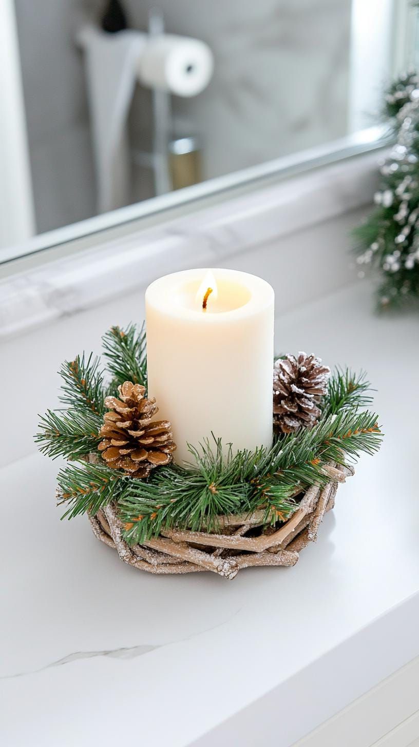 19 Simple Christmas Decor Ideas for Small Bathrooms 36 19. Rustic candle holder with wrapped faux pine twigs-0