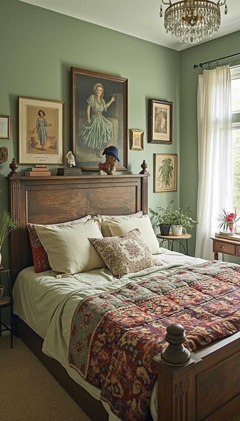 4. Vintage Finds: Accent sage walls with an antique wooden bed frame and eclectic thrifted artwork-0