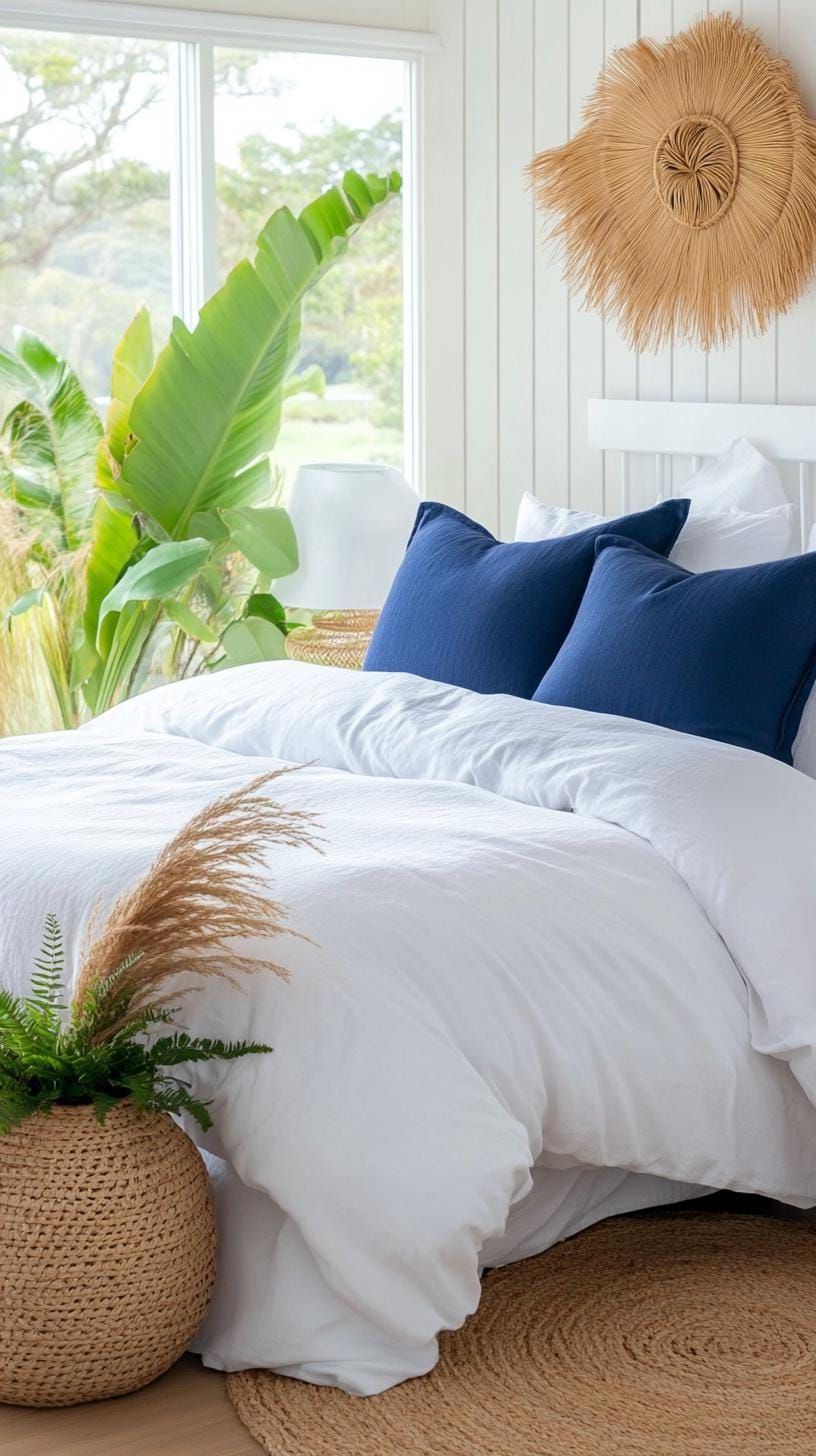 21 Best Blue Boho Bedroom Ideas To Inspire You 20 5. Serene Sapphire: Subtle sapphire tones mingled with white bedding and woven rattan lampshades-2